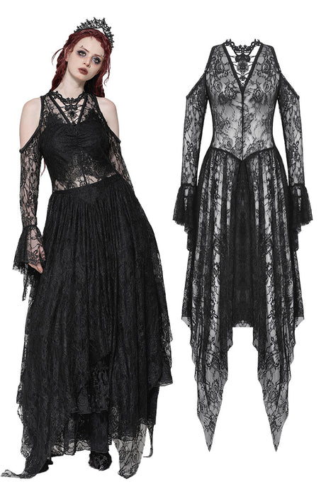 Black Gothic Asymmetrical Lace Rhinestone Neckline Off-Shoulder   Dress DW1017