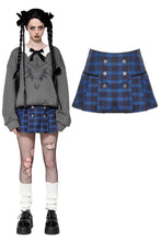 Load image into Gallery viewer, Indigo double-breasted gold star button plaid skirt KW378