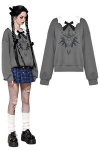 Gray bat print academy style pullover sweatshirt TW559