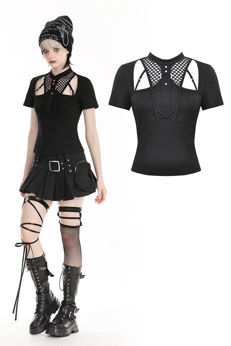 Black punk hollow sexy mesh knit T-shirt TW597