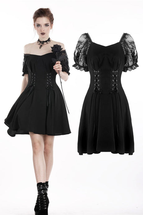 Goth Dark Velvet Romantic Gothic Vintage Black Mini Dresses Women Lace  ALine High Waist Emo Alt Clothes Pleated Partywear Dress