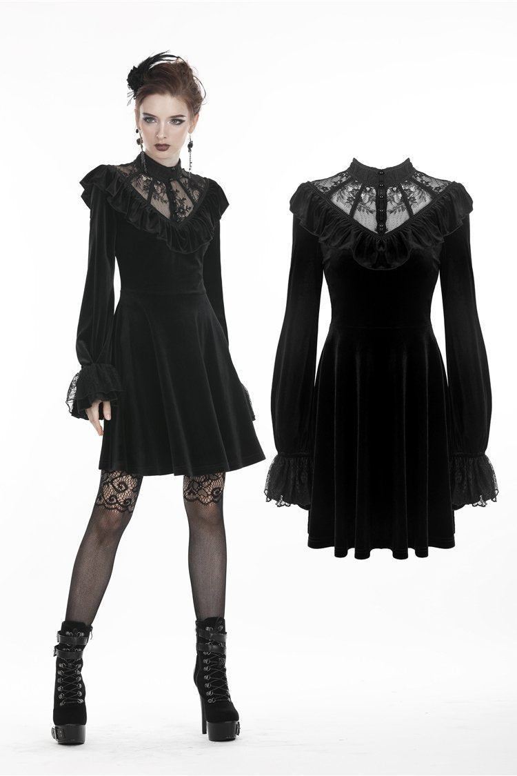 Women's Lolita Lace Hem Velvet Dress with Lace Collar – Punk Design