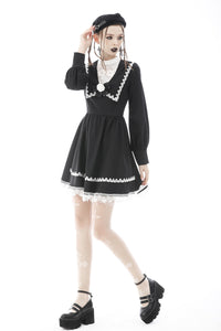 Gothic doll black white fake two pieces preppy dress DW572