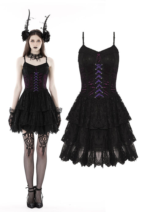 Gothic sexy black purple lace mini dress DW769