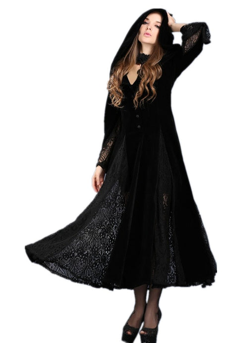 Black Long Sleeve Gothic Vampire Punk Scene Clothing velvet jacket gown JW011 - Gothlolibeauty