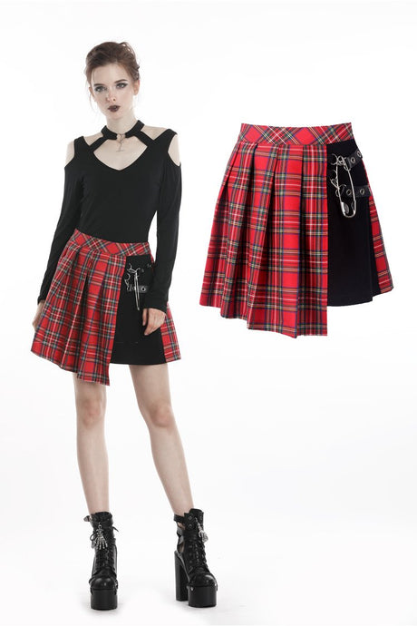 Punk red big pin pleated plaid skirt KW135RD - Gothlolibeauty