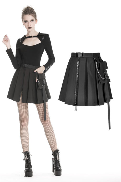 Black casual punk pleated short skirt with bag side KW152 - Gothlolibeauty