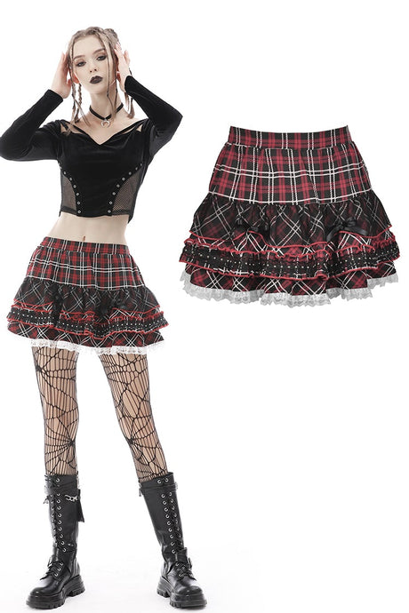 Punk red white plaid mesh sweet cool mini skirt  KW208