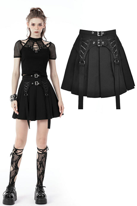 Black punk rock double buckle pleated skirt KW234