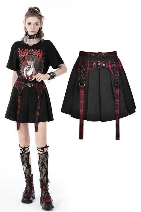 Black red punk rock double buckle pleated skirt KW239