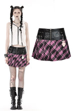 Load image into Gallery viewer, Punk metal PU pink plaid bear mini skirt  KW286