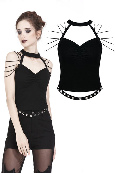 Punk short sleeveless T-shirt with string shoulder and eyelet on waist TW164 - Gothlolibeauty