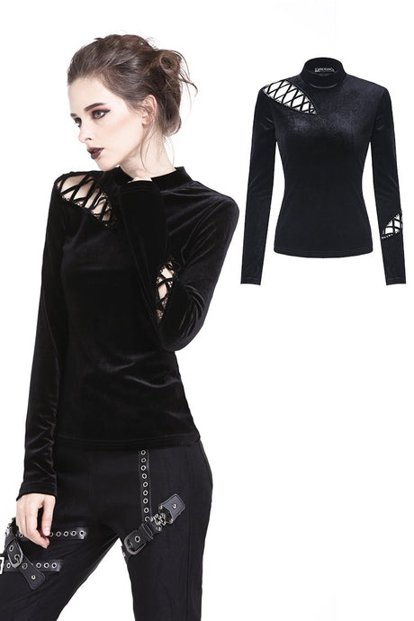 Punk side lace-up korean velvet T-shirt TW177 - Gothlolibeauty