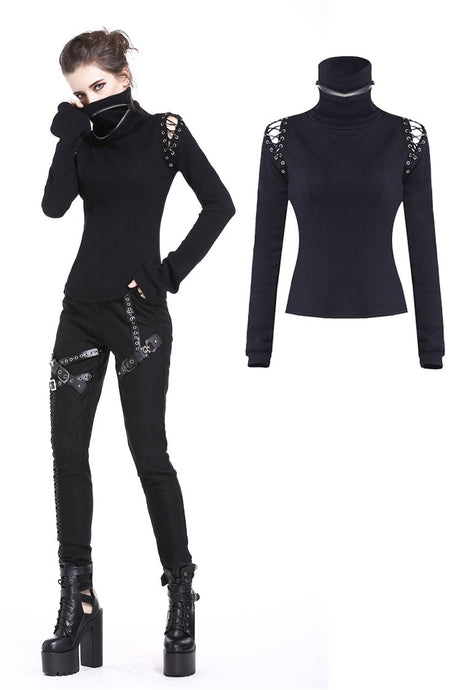 Punk lace-up shoulder vampire collar T-shirt TW178 - Gothlolibeauty