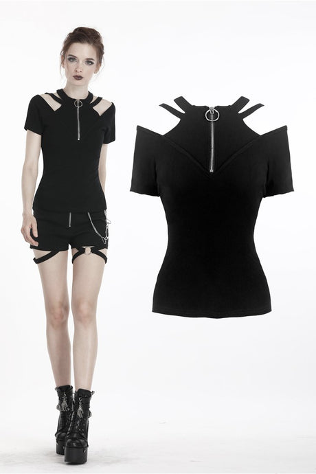 Punk zipper short sleeve T-shirt TW208 - Gothlolibeauty