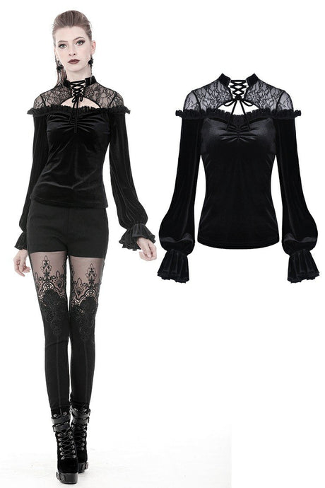 Gothic lace shoulder velvet T-shirt TW242 - Gothlolibeauty