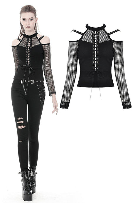 Punk lace-up front off-shoulders T-shirt with net long sleeves TW245 - Gothlolibeauty